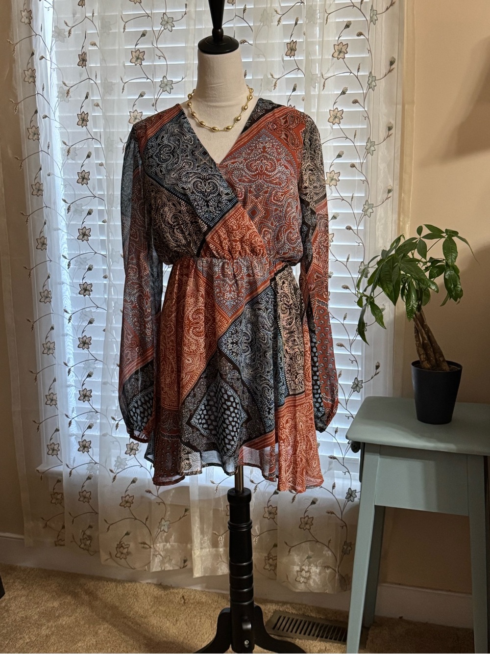 NWT Heyson Multicolor Boho Patchwork Paisley Long-Sleeve Mini Dress size S